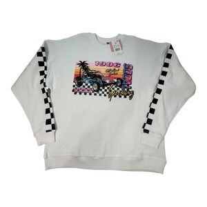 Ascot Hart White 1986 Social Speedway Sweatshirt Checkerboard Sleeves‎ - XS